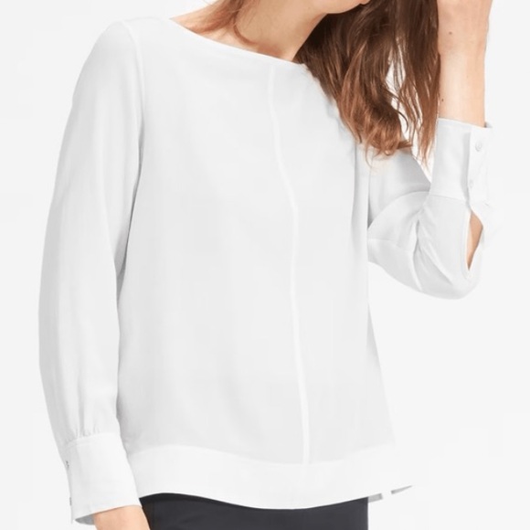 New Without Tags Everlane The Clean Silk Boatneck Blouse Top Grey White 10 - Picture 12 of 12